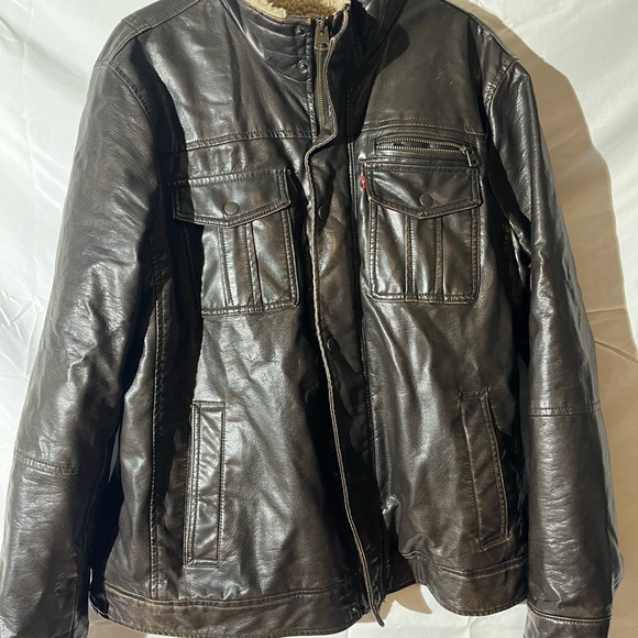 Levis Mens L Distressed Sherpa Fleece Lined Faux Leather Trucker Jacket Brown - Picture 1 of 16
